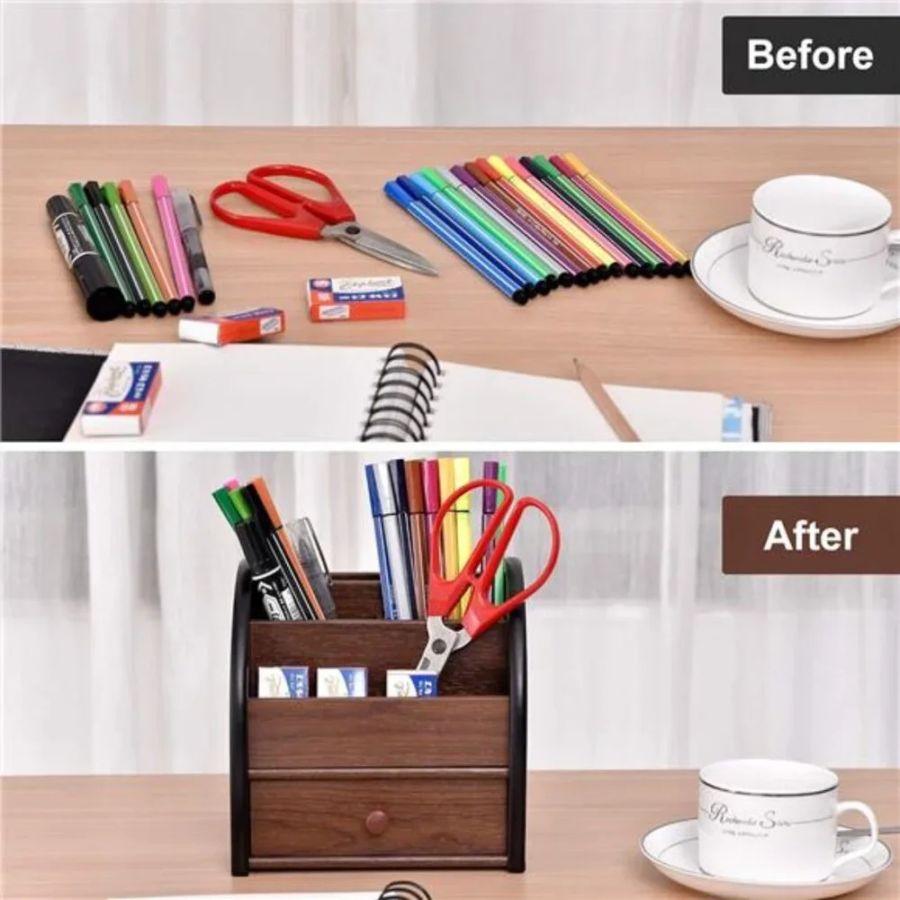 Wood Desktop Organizer with Drawer Office Supply Storage Remote Caddy Holder
